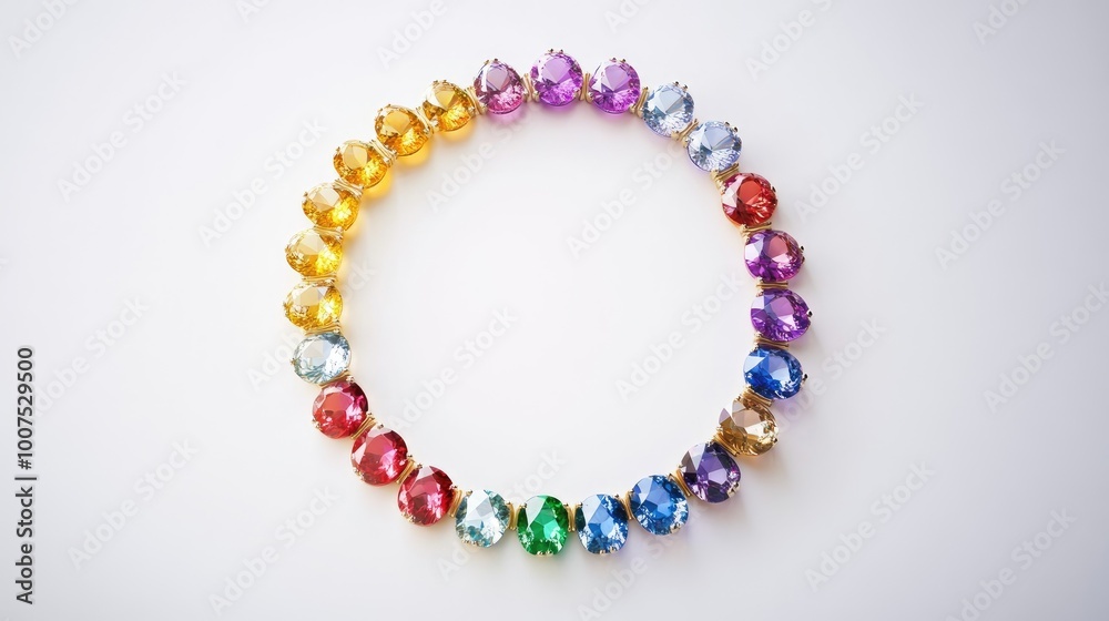 A captivating circle of colorful gemstones arranged in a perfect trail on a minimalist white background, showcasing brilliance and elegance A captivating circle of colorful gemstones arranged in a perfect trail on a minimalist white background, showcasing brilliance and elegance