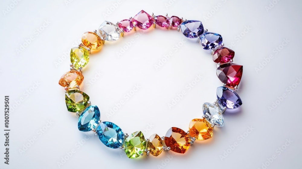 A captivating circle of colorful gemstones arranged in a perfect trail on a minimalist white background, showcasing brilliance and elegance A captivating circle of colorful gemstones arranged in a perfect trail on a minimalist white background, showcasing brilliance and elegance