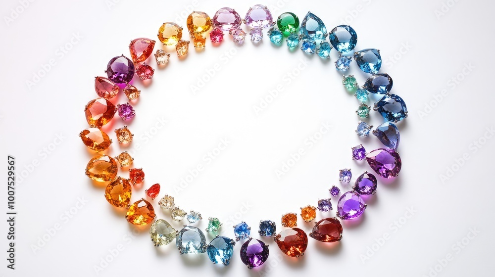A circle trail of multicolored gemstones arranged in a radiant pattern on a white backdrop, symbolizing beauty, wealth, and sophistication A circle trail of multicolored gemstones arranged in a radiant pattern on a white backdrop, symbolizing beauty, wealth, and sophistication
