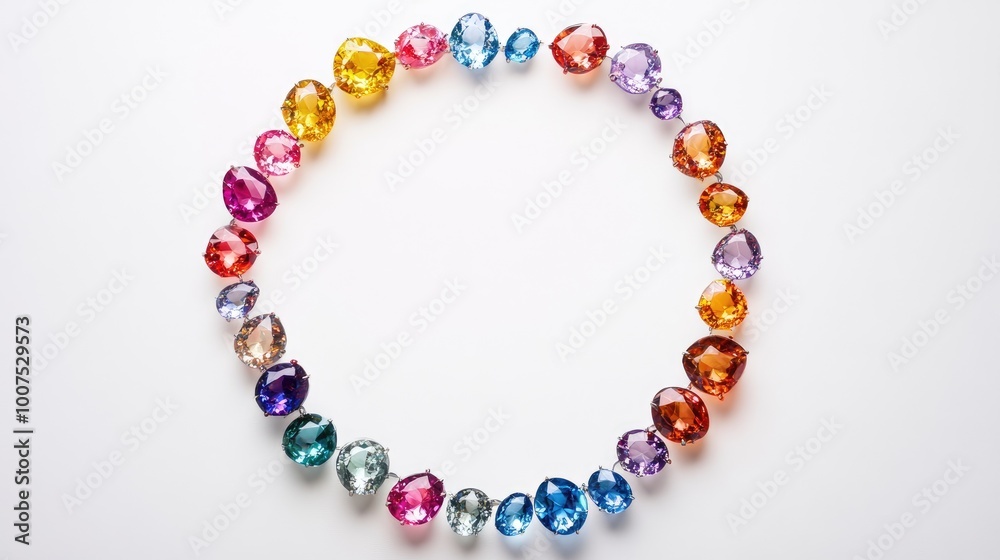 A circle trail of multicolored gemstones arranged in a radiant pattern on a white backdrop, symbolizing beauty, wealth, and sophistication A circle trail of multicolored gemstones arranged in a radiant pattern on a white backdrop, symbolizing beauty, wealth, and sophistication