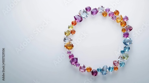 A captivating circle of colorful gemstones arranged in a perfect trail on a minimalist white background, showcasing brilliance and elegance