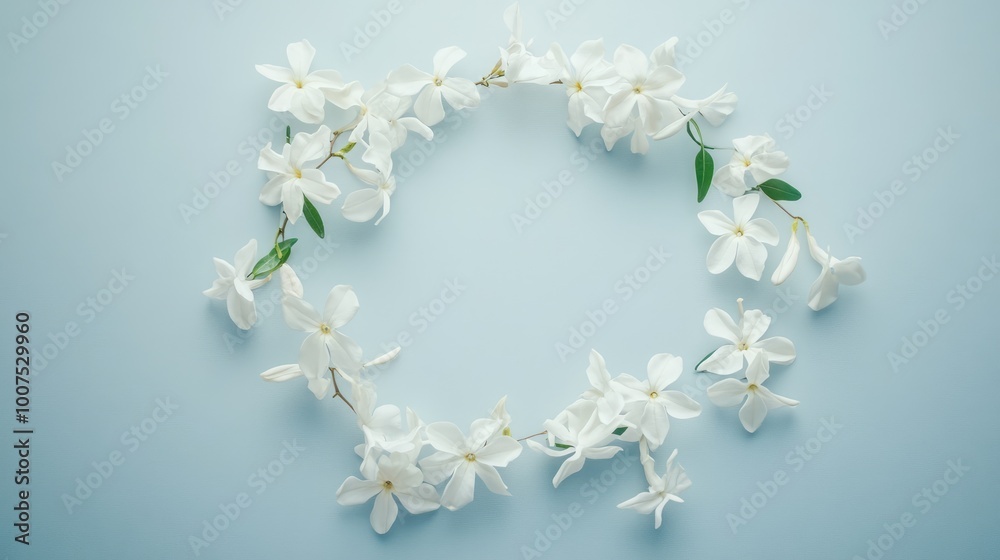 A delicate circle of jasmine flowers creating a beautiful trail on a white-light blue background, exuding peace and natural charm