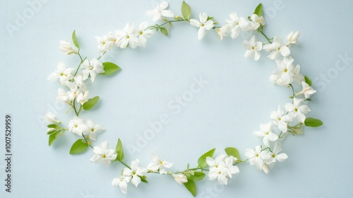 A delicate array of jasmine flowers forming a captivating circular trail on a soft white-light blue background, symbolizing natural beauty photo