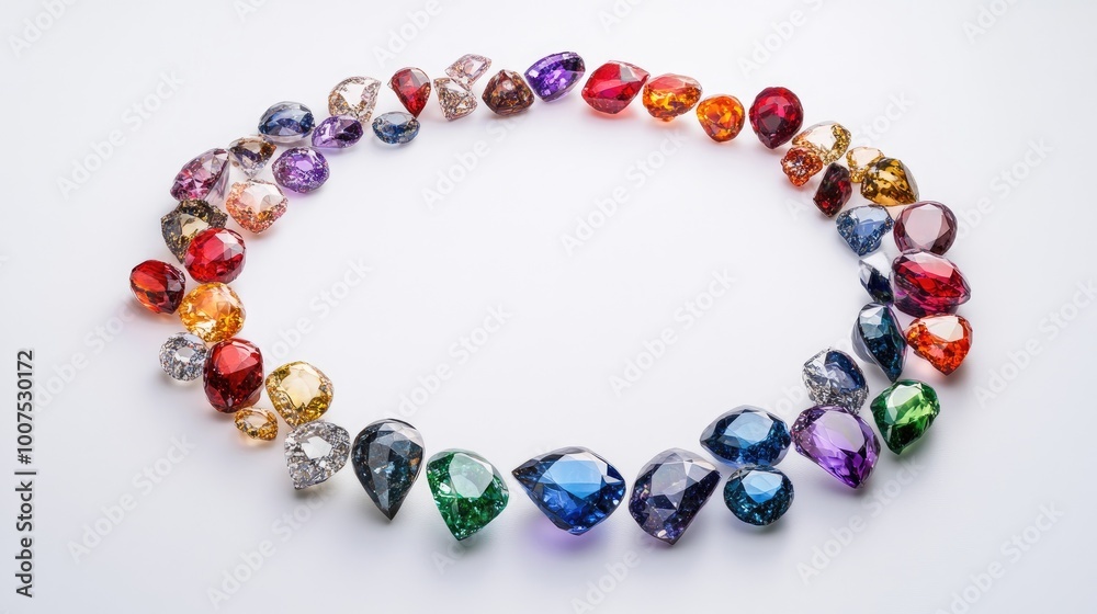 A mesmerizing circle of colorful gemstones arranged in a perfect trail on a clean white background, evoking elegance and opulence A mesmerizing circle of colorful gemstones arranged in a perfect trail on a clean white background, evoking elegance and opulence