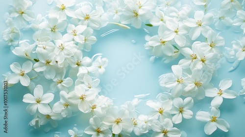 A mesmerizing array of jasmine flowers forming a circular trail, floating on a soft white-light blue backdrop, creating a serene and beautiful display photo