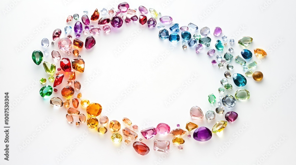 A mesmerizing display of gemstones in bright colors, arranged in a circular trail on a clean white background, evoking beauty and elegance A mesmerizing display of gemstones in bright colors, arranged in a circular trail on a clean white background, evoking beauty and elegance