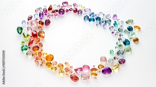 A mesmerizing display of gemstones in bright colors, arranged in a circular trail on a clean white background, evoking beauty and elegance