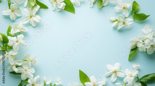 A radiant circle of jasmine flowers forming a soft, delicate trail on a white-light blue background, evoking feelings of purity and calm