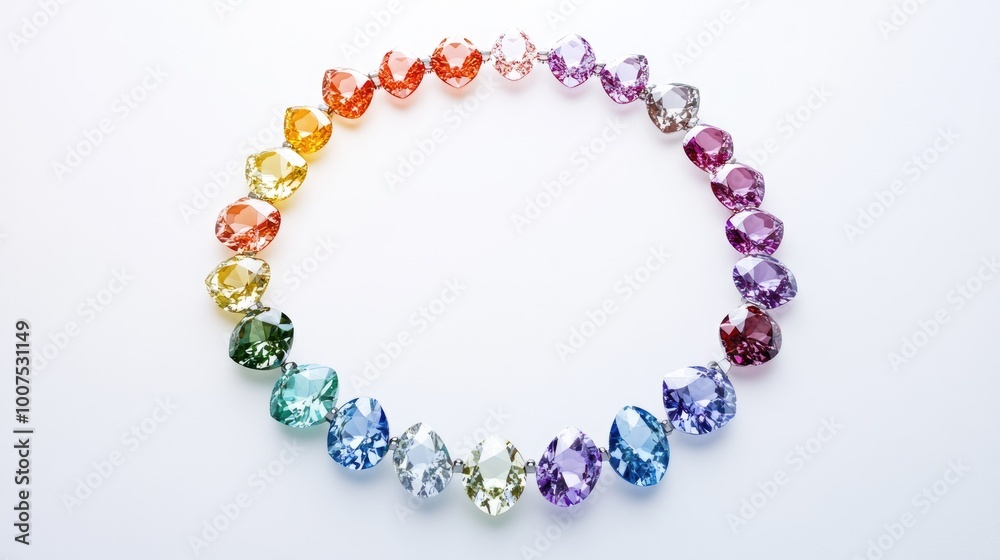 Beautiful gemstones in a dazzling array of colors forming a perfect circle trail on a minimalist white background, exuding elegance Beautiful gemstones in a dazzling array of colors forming a perfect circle trail on a minimalist white background, exuding elegance