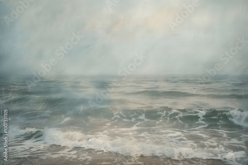 Storm in the ocean. Foggy ocean. Ocean landscape illustration. Impressionist style. Abstract landscape art for poster, music album, book cover, poetry, wallpaper