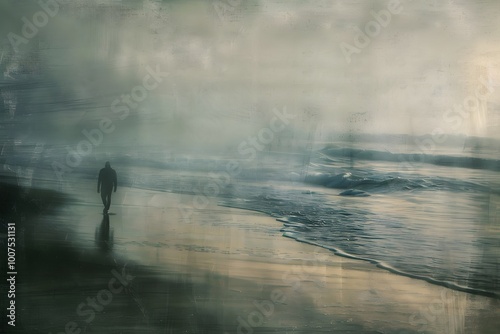 Male silhouette on rainy beach. A man is walking along the foggy ocean. Lonely figure near the sea. For poster, music album, book cover, poetry, wallpaper. Concept art in impressionism style