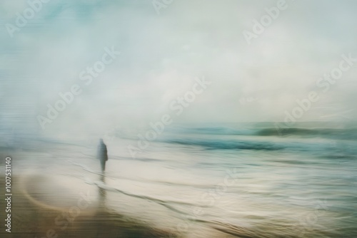 Lonely figure near the ocean. Misty ocean landscape illustration. Silhouette of a person walking on the beach. Ocean landscape illustration. Seascape art for poster, music album, poetry, wallpaper