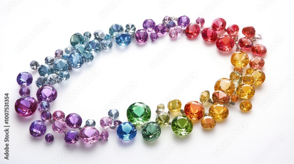 Bright, vibrant gemstones arranged in a captivating circular trail on a pure white background, creating a sense of luxury and glamour Bright, vibrant gemstones arranged in a captivating circular trail on a pure white background, creating a sense of luxury and glamour