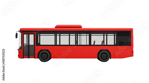 vibrant red city bus with large windows and seating inside isolated on a white background, transparent background.