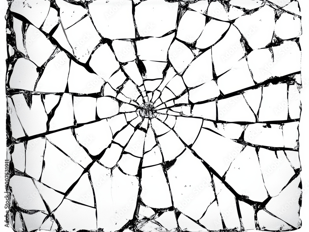 Obraz premium Cracked glass with sharp jagged edges, resembling spider web pattern