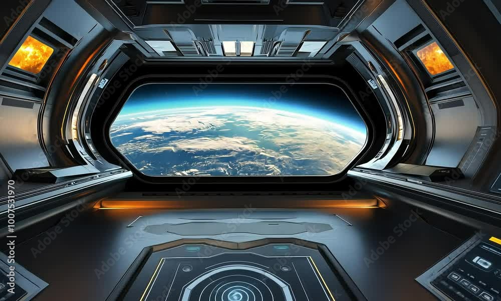 Futuristic Spaceship Interior with a View of Planet Earth