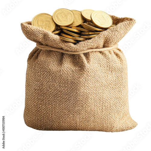 burlap sack filled with golden coins symbolizes wealth and prosperity isolated on a white background, transparent background.