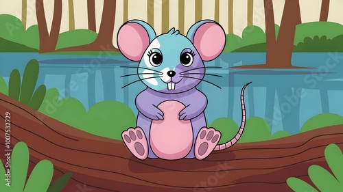 Colorful mouse with pink belly, purple ears, and blue tail on a log photo