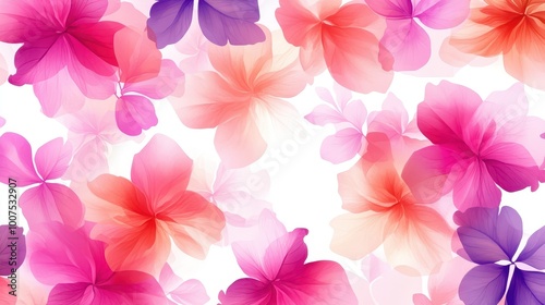 Colorful floral background with soft pastel hues of pink and purple flowers on a white backdrop.