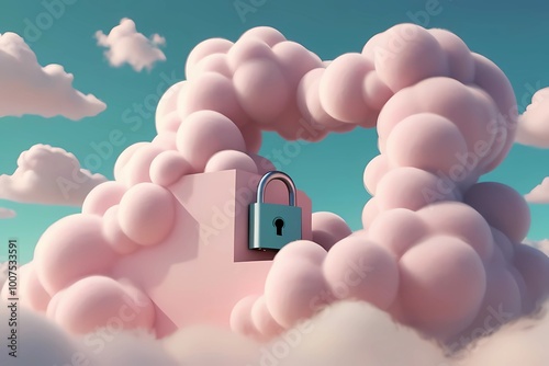 A giant padlock bounces among whimsical pastel clouds, hidden like a playful secret in a dreamy, surreal sky photo