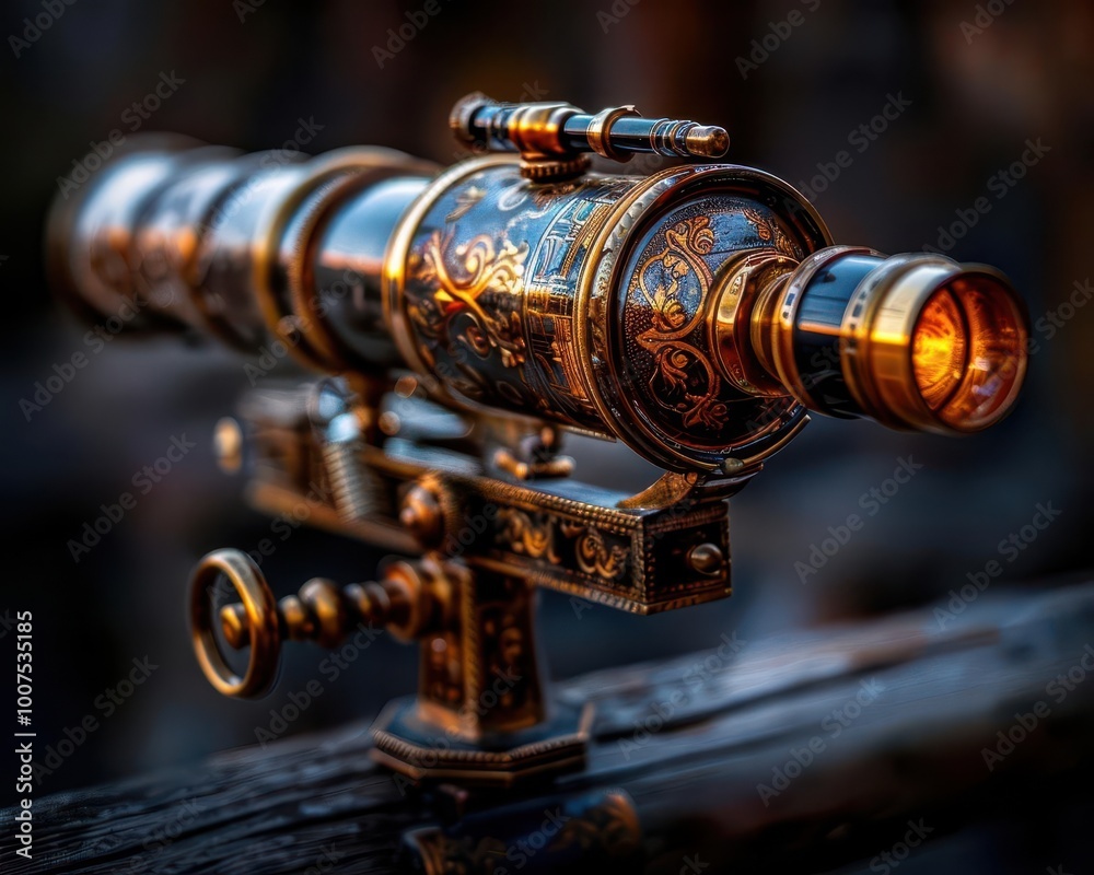Antique telescope with brass fittings, historical and intricate, Vintage, Soft tones, Photograph, Astronomical heritage Antique telescope with brass fittings, historical and intricate, Vintage, Soft tones, Photograph, Astronomical heritage