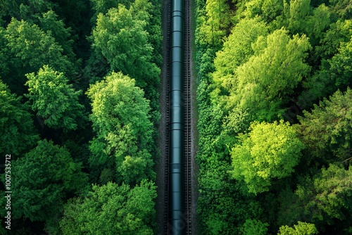 Aerial View of Pipeline Through Lush Green Forest #1007535712