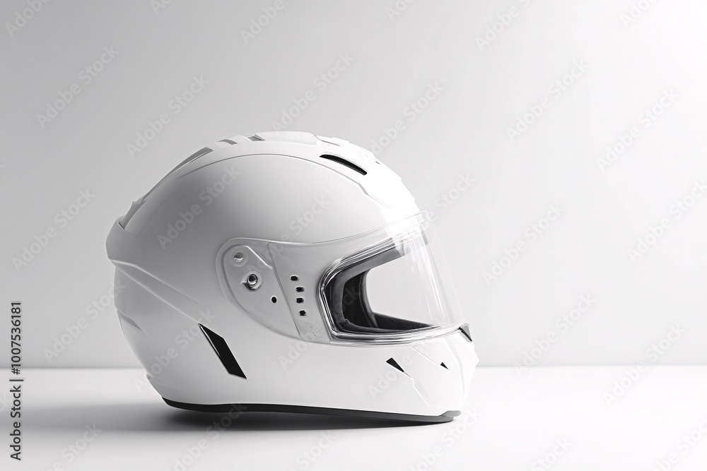 White Motorcycle Helmet with Clear Visor on White Background White Motorcycle Helmet with Clear Visor on White Background