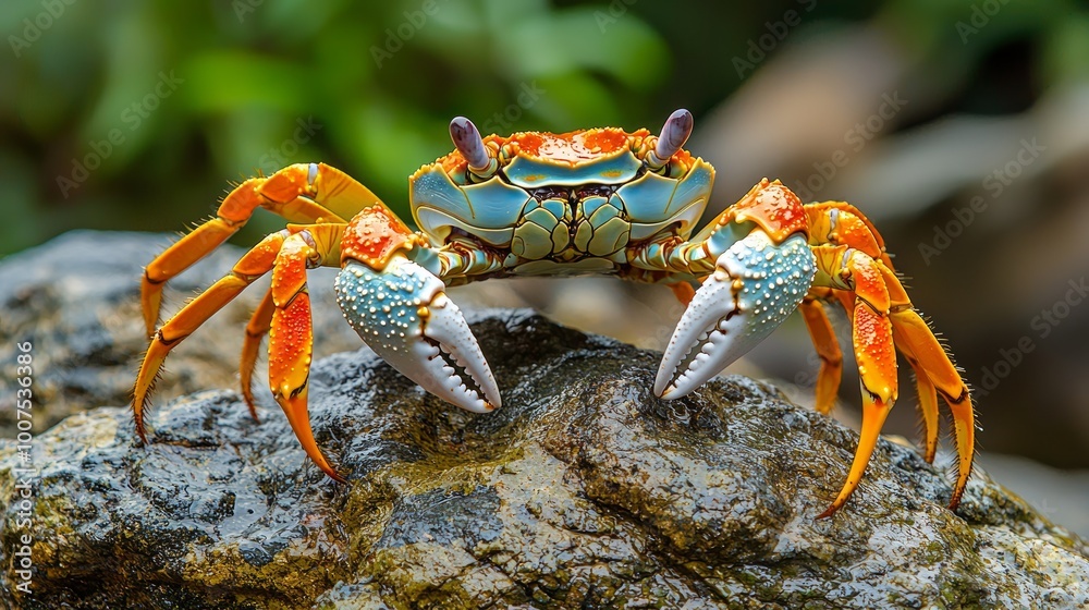 Colorful crab standing on a rock with vibrant natural surroundings Colorful crab standing on a rock with vibrant natural surroundings