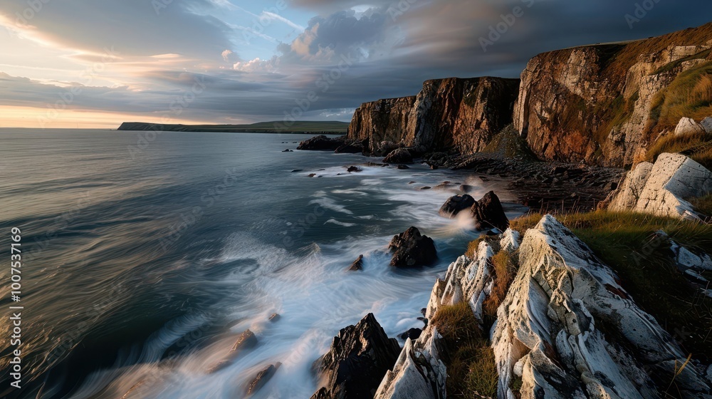 Coastal erosion with dramatic cliffs, rugged and expansive, Coastal, Cool tones, Photograph, Natural process Coastal erosion with dramatic cliffs, rugged and expansive, Coastal, Cool tones, Photograph, Natural process
