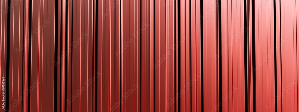 Red corrugated sheet metal. Roof texture background. Steel wall pattern. Container made of iron panels. Ribbed fence for the house used in construction. Red corrugated sheet metal. Roof texture background. Steel wall pattern. Container made of iron panels. Ribbed fence for the house used in construction.