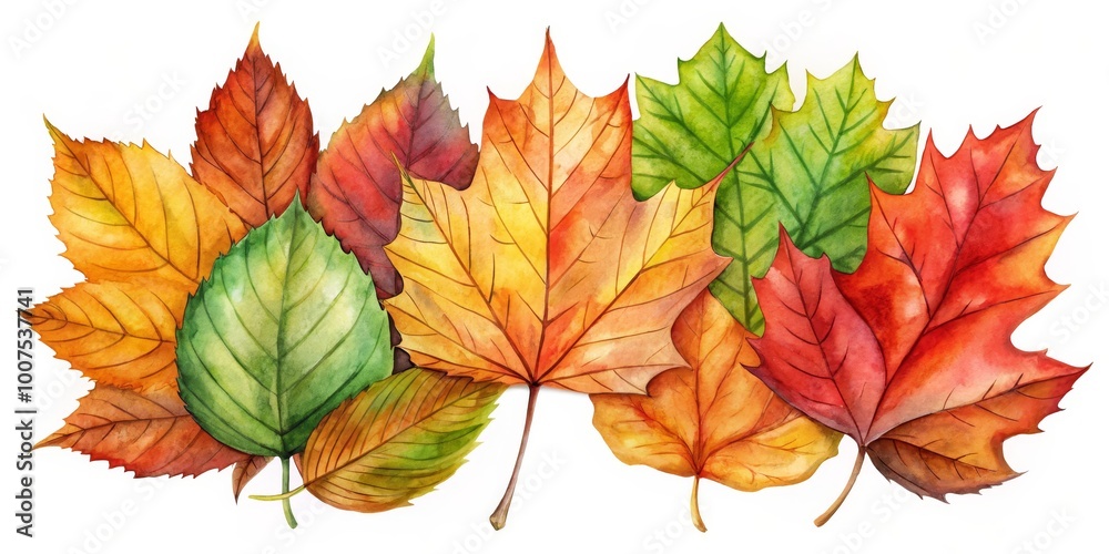 Obraz premium Watercolor Autumn Leaves Composition, Fall Foliage, Nature , fall, nature