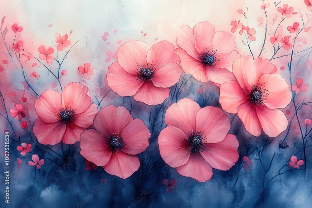 Obraz premium a delicate watercolor illustration of blooming flowers with soft pastel colors merging and blending creating a dreamy and ethereal atmosphere inviting viewers to appreciate the beauty of nature