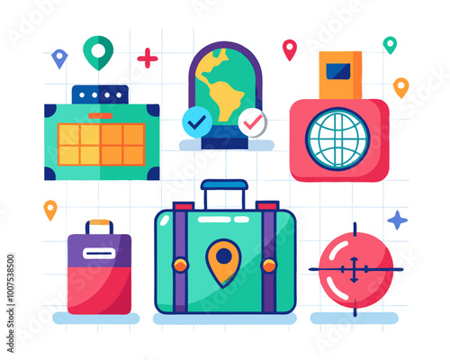 A colorful illustration of travel essentials, including suitcases, a passport, a map, and an airplane, perfect for adding a touch of whimsy to your designs.