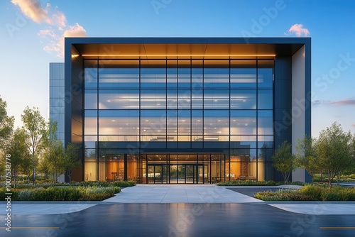 a detailed 3d model of a sleek industrial building emphasizing modern architecture with clean lines glass facades and a blue sky backdrop