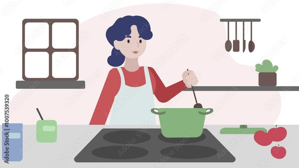 2d cartoon loop animation of a woman in a kitchen apron, happily ...