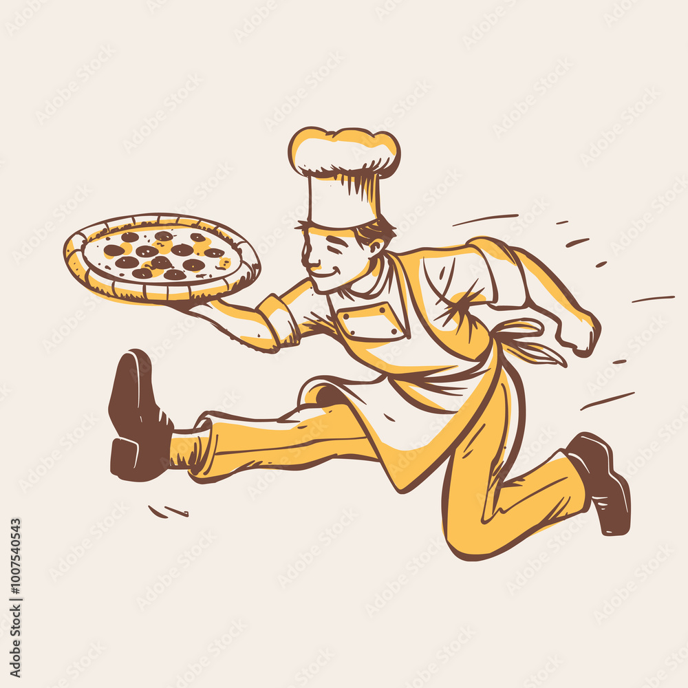 Naklejka premium Running Chef with Pizza Vector Silhouette