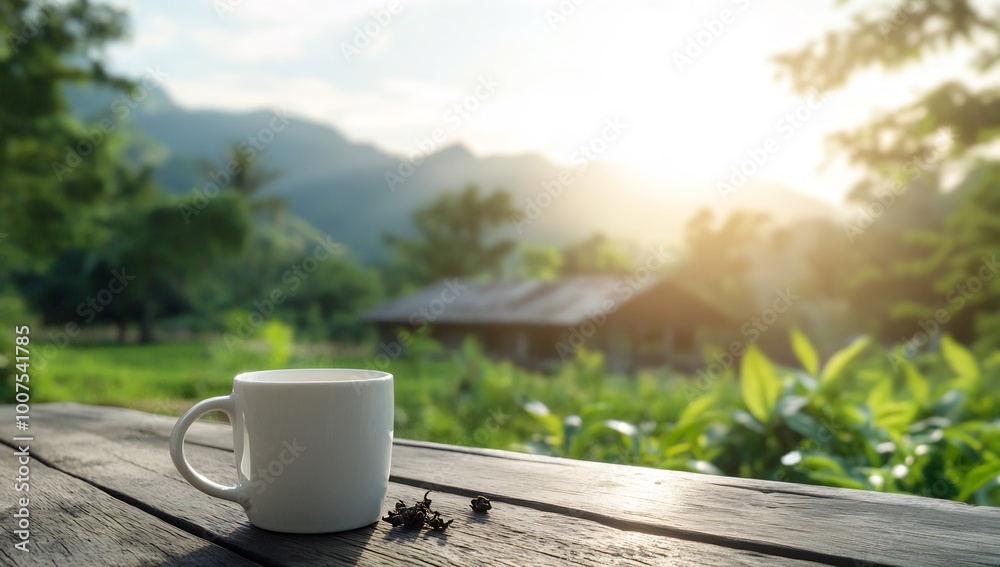 A cup of tea on the table with green hills and sunrise in background A cup of tea on the table with green hills and sunrise in background