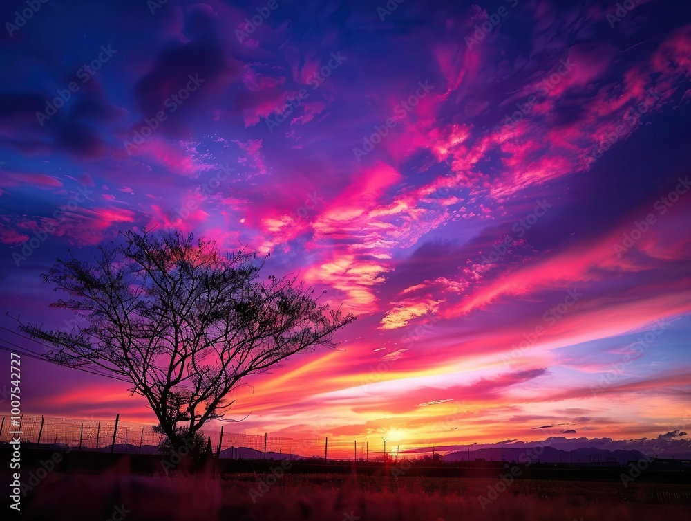 Obraz premium Magic hour with vibrant skies, serene and picturesque, Nature, Warm hues, Photograph, Evening beauty