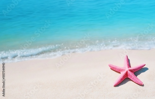 Pink starfish on a white sand beach with a blue sea background. Summer vacation concept photo