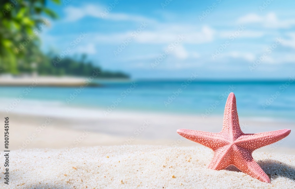 Pink starfish on a white sand beach with a blue sea background. Summer vacation concept Pink starfish on a white sand beach with a blue sea background. Summer vacation concept