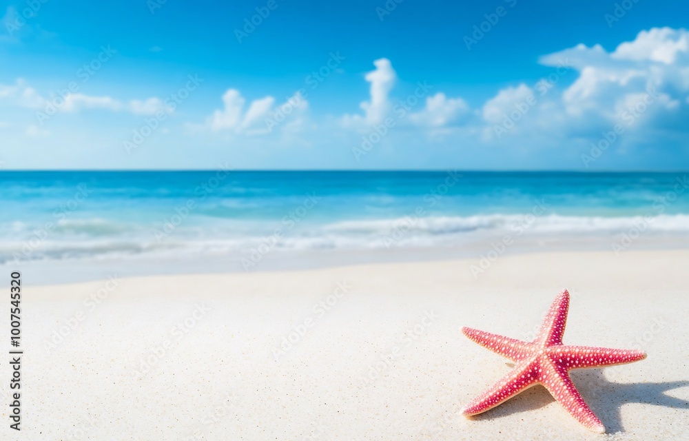 Pink starfish on a white sand beach with a blue sea background. Summer vacation concept Pink starfish on a white sand beach with a blue sea background. Summer vacation concept