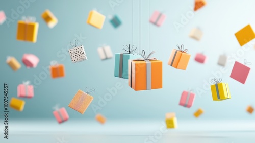 Vibrant and colorful floating gifts create a festive atmosphere in a soft blue background. Perfect for holiday themes, celebrations, and cheerful designs.