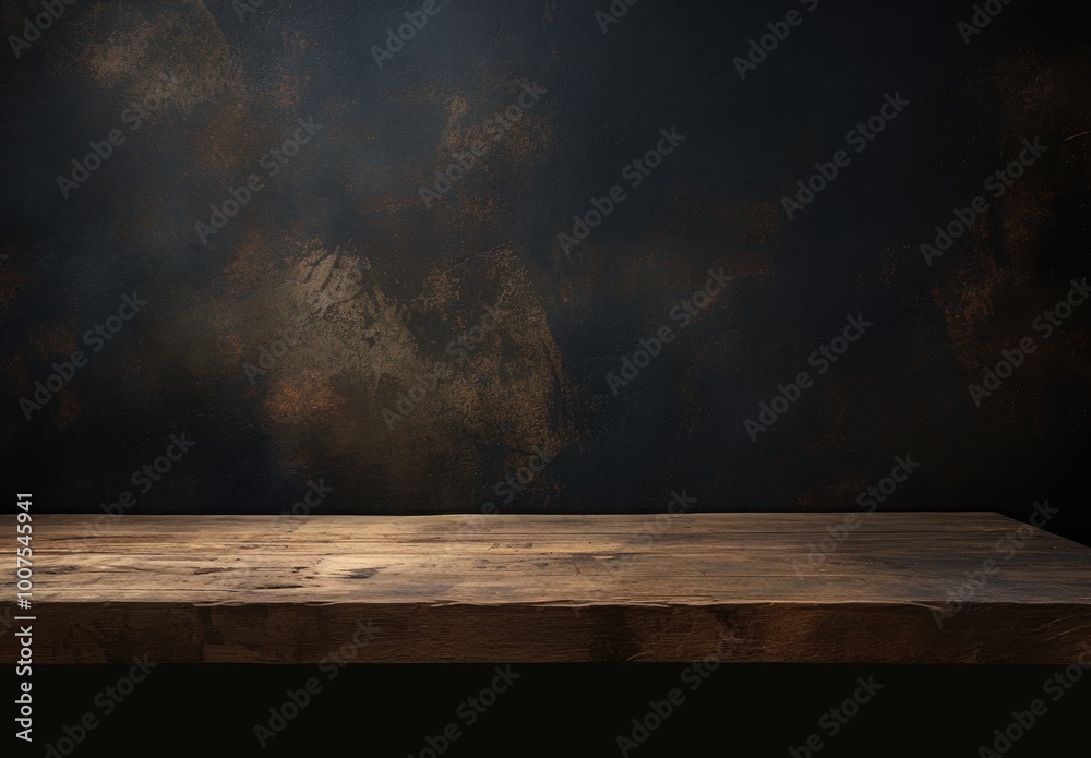 Old Wooden Table with Blurred Concrete Wall in Dark Room Background Old Wooden Table with Blurred Concrete Wall in Dark Room Background