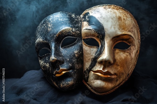 Theatrical masks representing good and evil on a dark background with ample copy space