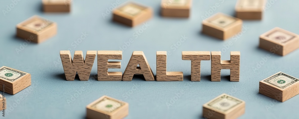 Wooden letters spelling wealth on blue background, financial concept. Wooden letters spelling wealth on blue background, financial concept.