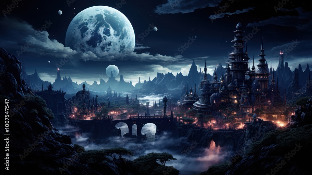 Obraz premium Fantasy Cityscape Under Night Sky