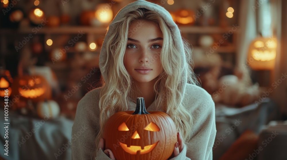 Hooded Woman with Glowing Pumpkin in Mysterious Halloween Setting Hooded Woman with Glowing Pumpkin in Mysterious Halloween Setting
