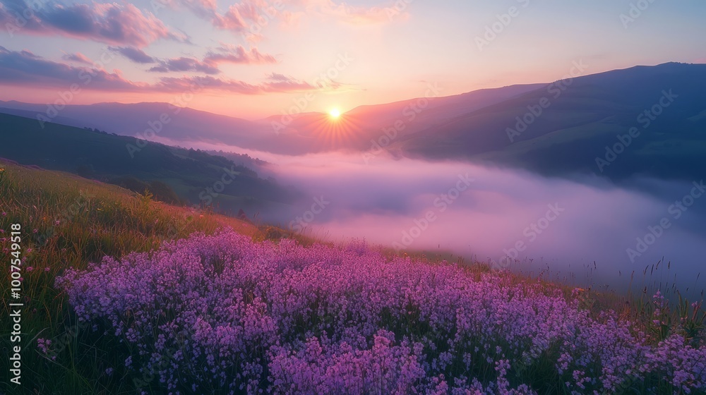 Colorful sunset over a foggy valley with purple flowers Colorful sunset over a foggy valley with purple flowers