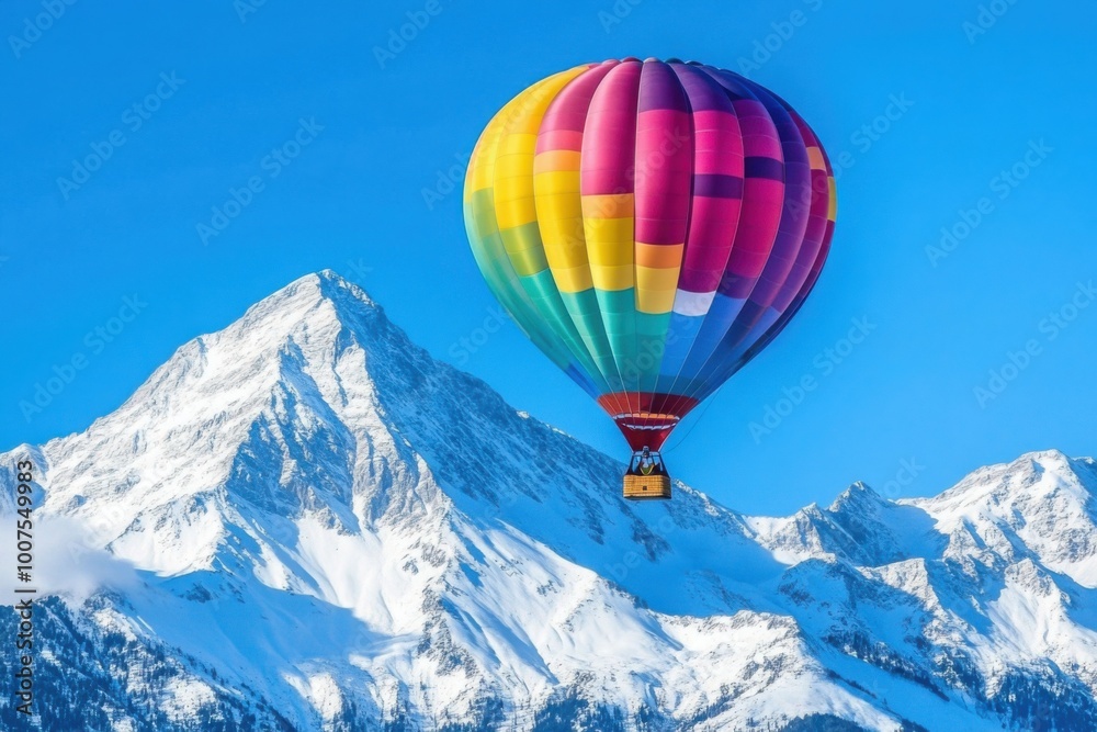 Colorful hot air balloon flying over snowy mountain peak Colorful hot air balloon flying over snowy mountain peak