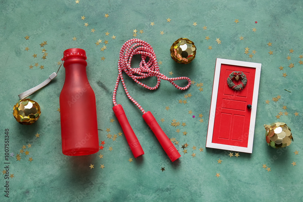Composition with skipping rope, bottle of water and Christmas decorations on color background Composition with skipping rope, bottle of water and Christmas decorations on color background